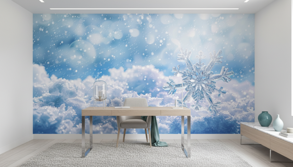 Papier Peint Flocons de Neige Cristaux Hiver Bleu Glacé - Bureau