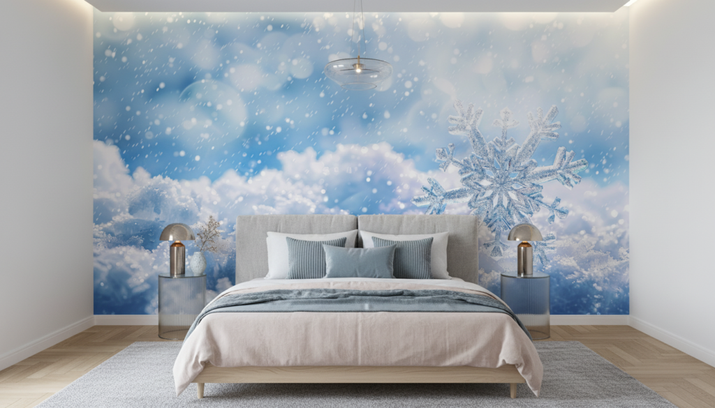 Papier Peint Flocons de Neige Cristaux Hiver Bleu Glacé - Chambre adulte