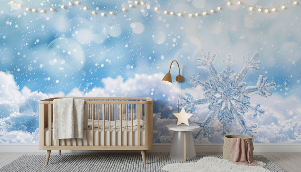 Papier Peint Flocons de Neige Cristaux Hiver Bleu Glacé - Chambre enfant