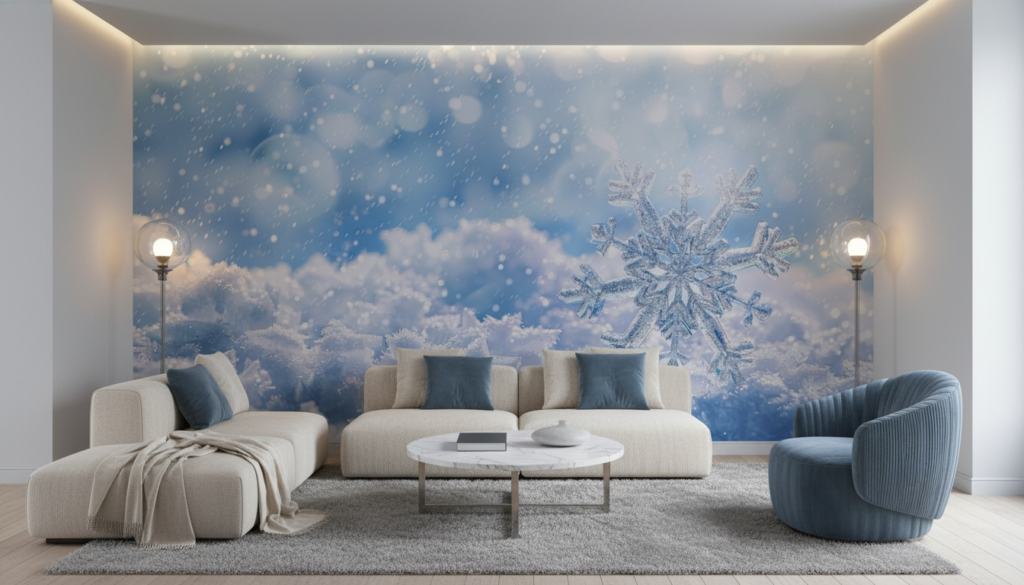 Papier Peint Flocons de Neige Cristaux Hiver Bleu Glacé - Salon / Séjour