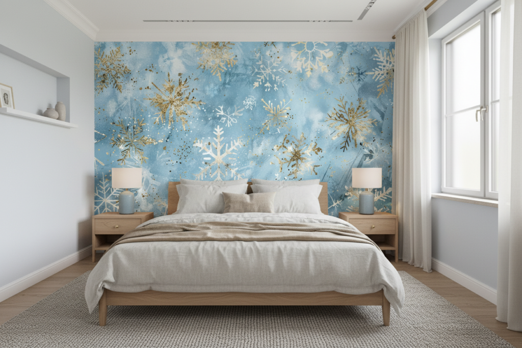 Papier peint flocons de neige dorés sur fond aquarelle bleu - Chambre adulte