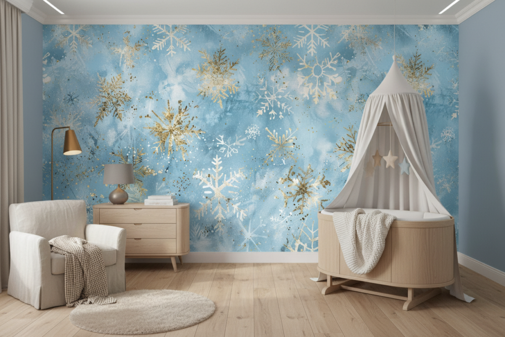 Papier peint flocons de neige dorés sur fond aquarelle bleu - Chambre bébé