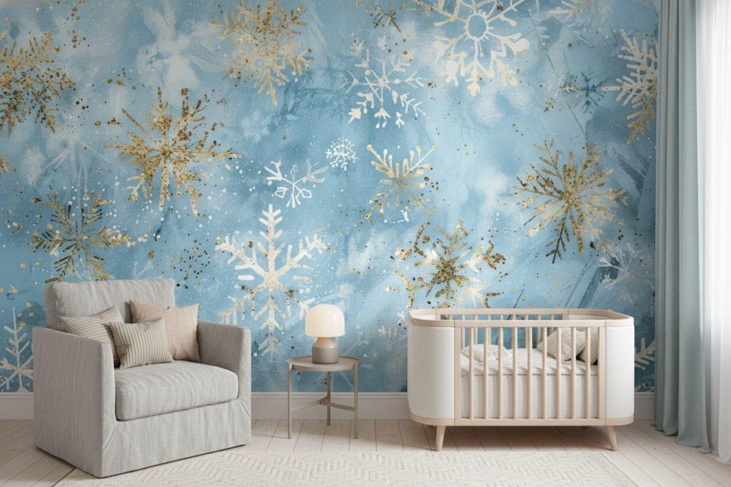 Papier peint flocons de neige dorés sur fond aquarelle bleu - Chambre enfant