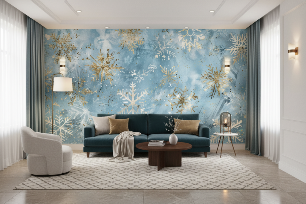 Papier peint flocons de neige dorés sur fond aquarelle bleu - Salon / Séjour