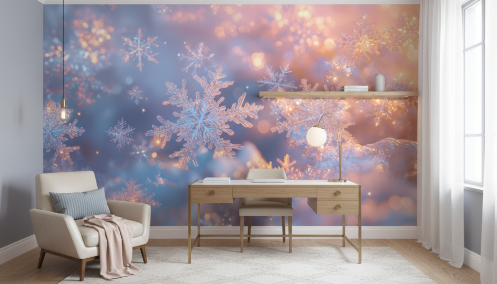 Papier Peint Flocons de Neige Dorés sur Fond Lumineux - Bureau