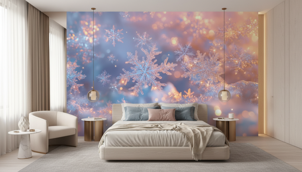 Papier Peint Flocons de Neige Dorés sur Fond Lumineux - Chambre adulte