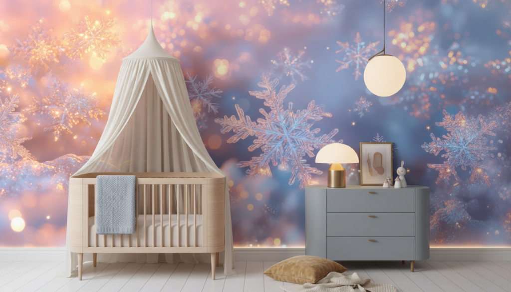 Papier Peint Flocons de Neige Dorés sur Fond Lumineux - Chambre bébé