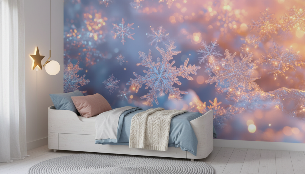 Papier Peint Flocons de Neige Dorés sur Fond Lumineux - Chambre enfant