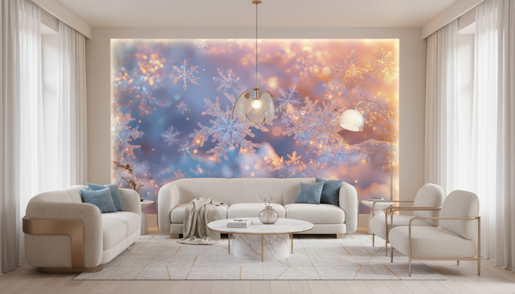 Papier Peint Flocons de Neige Dorés sur Fond Lumineux - Salon / Séjour