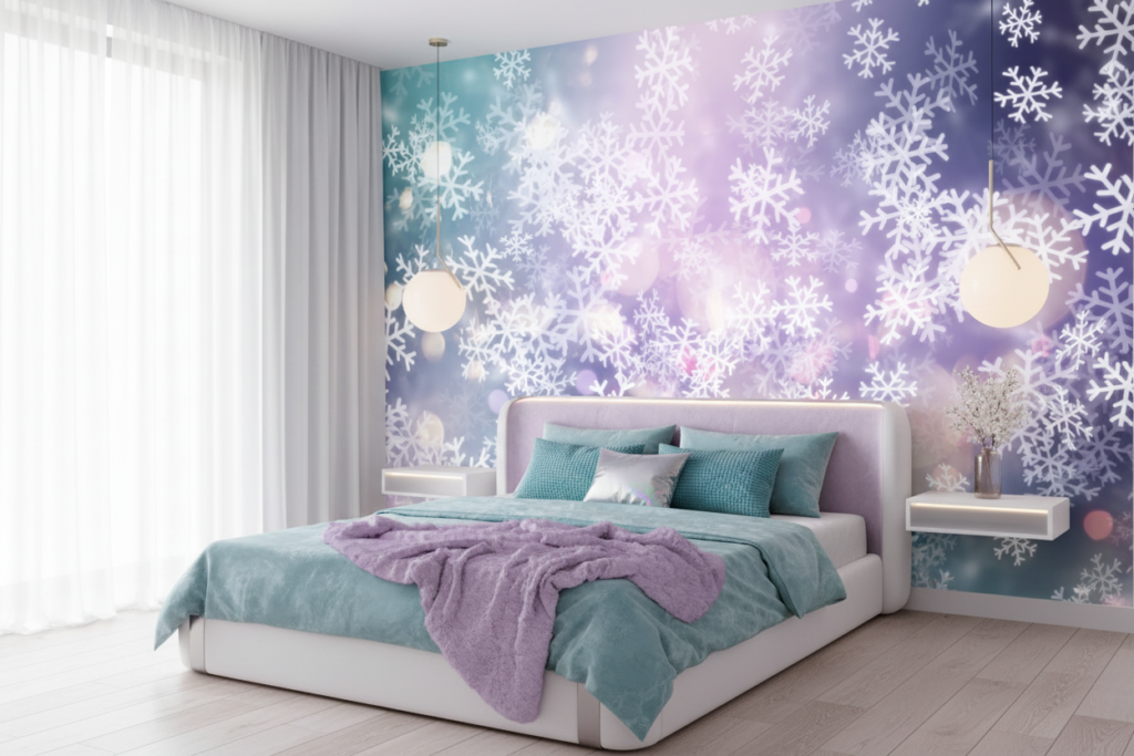 Papier Peint Flocons Neige Fond Dégradé Violet Bleu Turquoise - Chambre ado