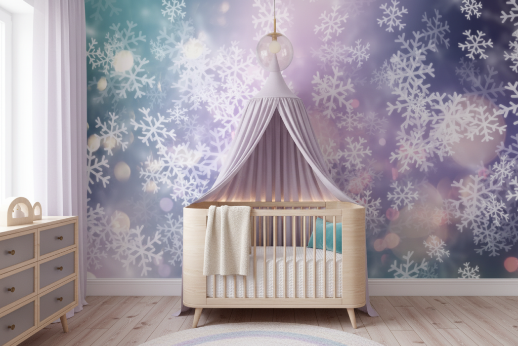 Papier Peint Flocons Neige Fond Dégradé Violet Bleu Turquoise - Chambre bébé