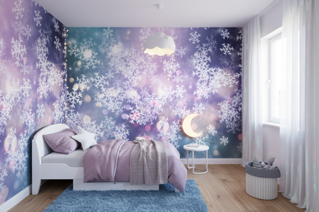 Papier Peint Flocons Neige Fond Dégradé Violet Bleu Turquoise - Chambre enfant