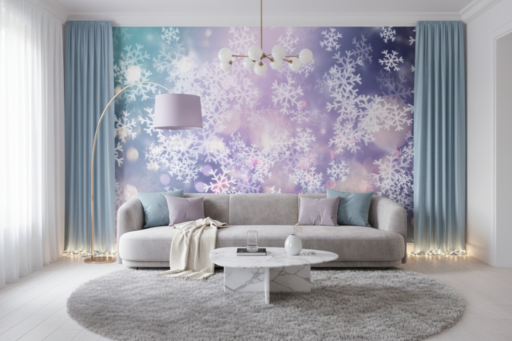 Papier Peint Flocons Neige Fond Dégradé Violet Bleu Turquoise - Salon / Séjour