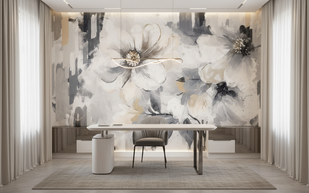 Papier peint floral abstrait blanc gris effet peinture moderne - Bureau