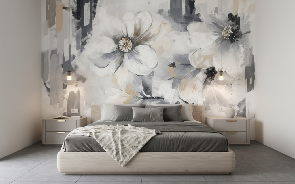 Papier peint floral abstrait blanc gris effet peinture moderne - Chambre adulte