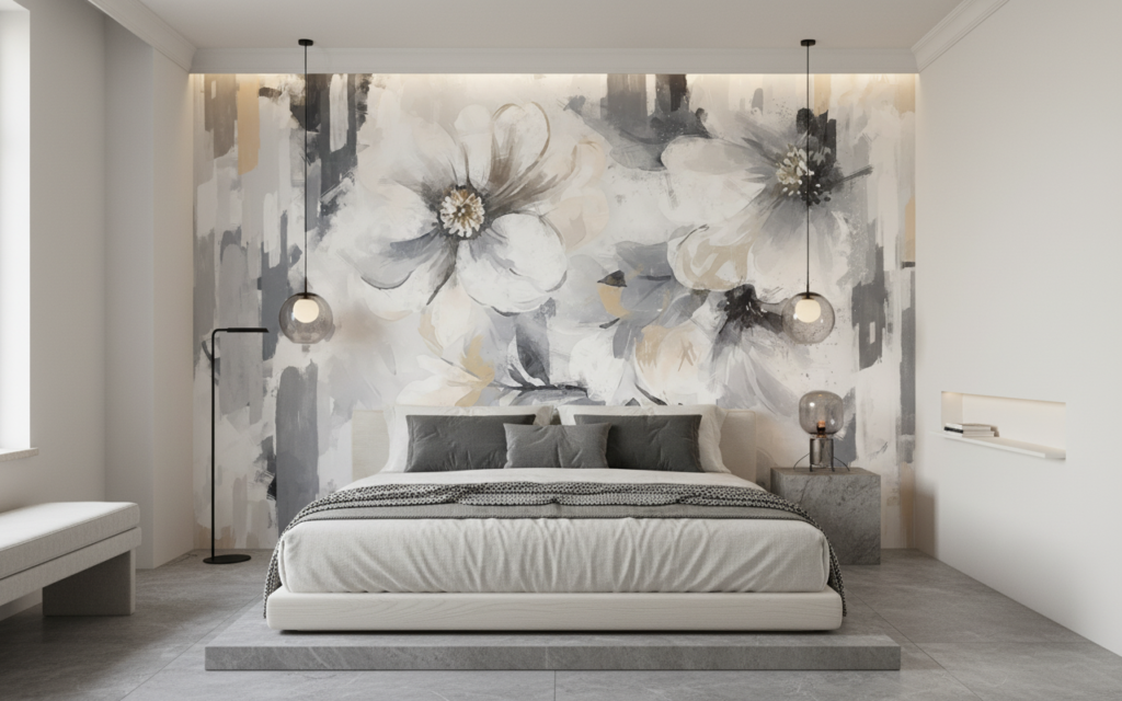 Papier peint floral abstrait blanc gris effet peinture moderne - Chambre adulte