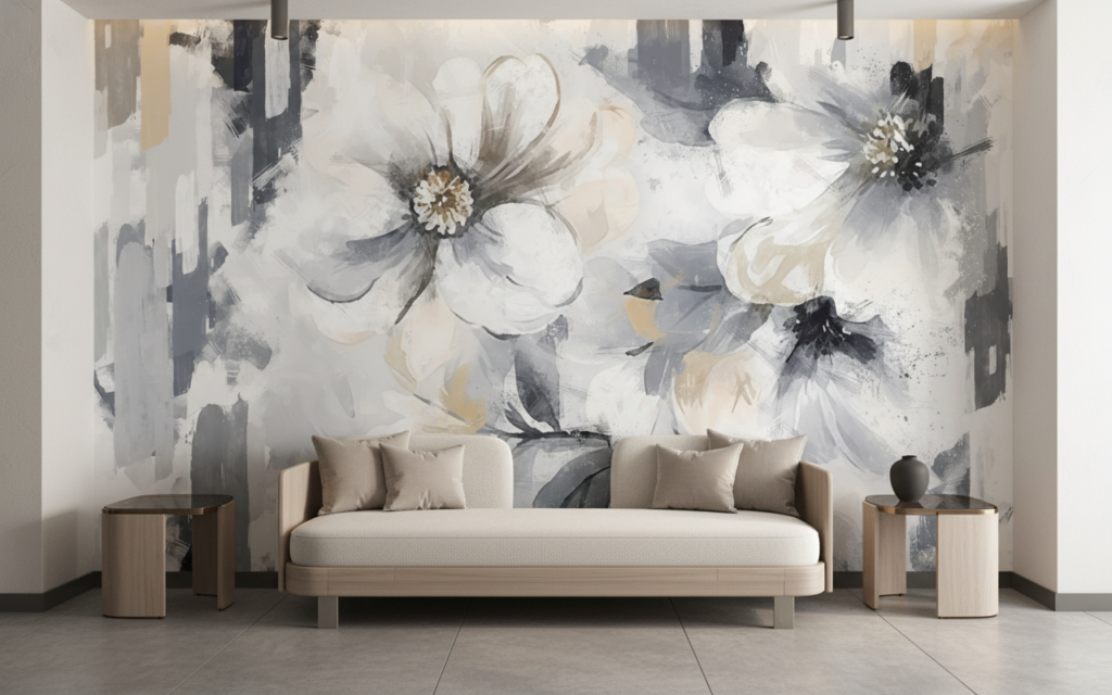 Papier peint floral abstrait blanc gris effet peinture moderne - Hôtel