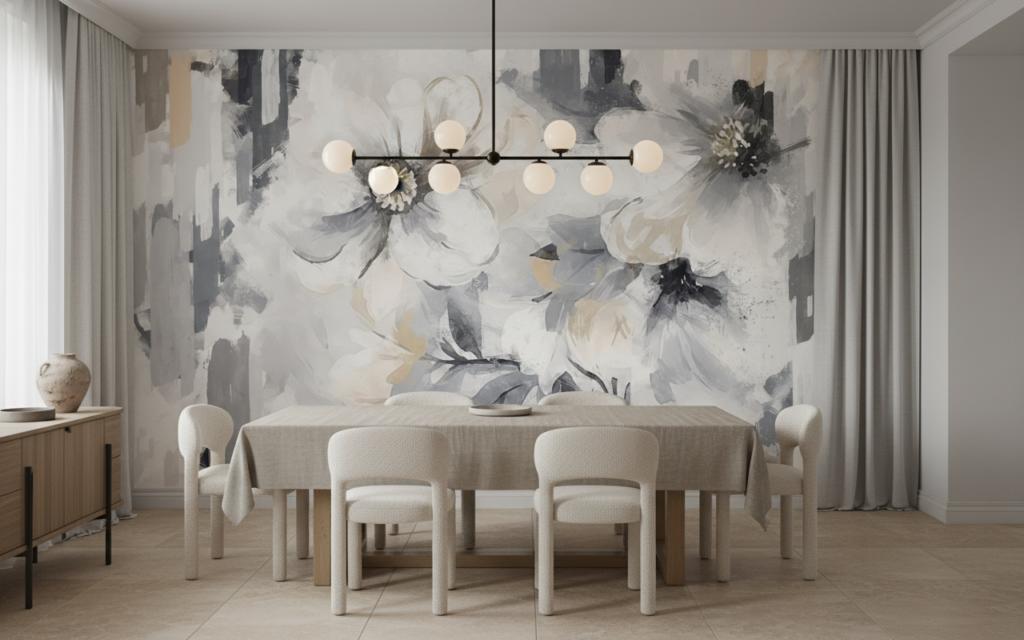 Papier peint floral abstrait blanc gris effet peinture moderne - Salle à manger