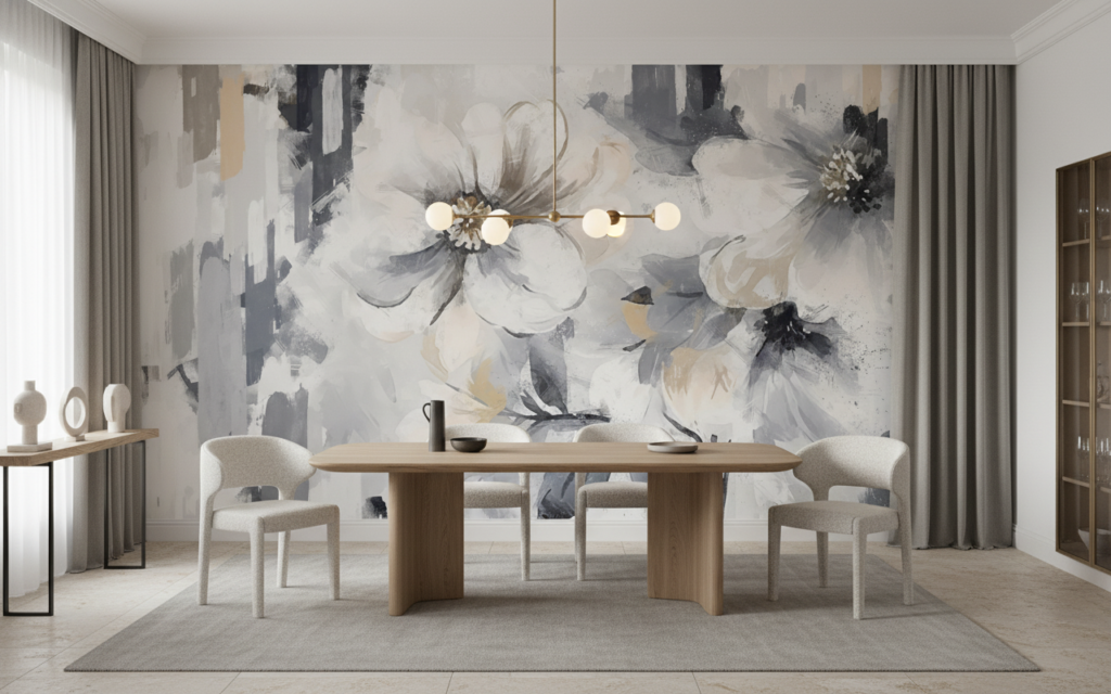 Papier peint floral abstrait blanc gris effet peinture moderne - Salle à manger