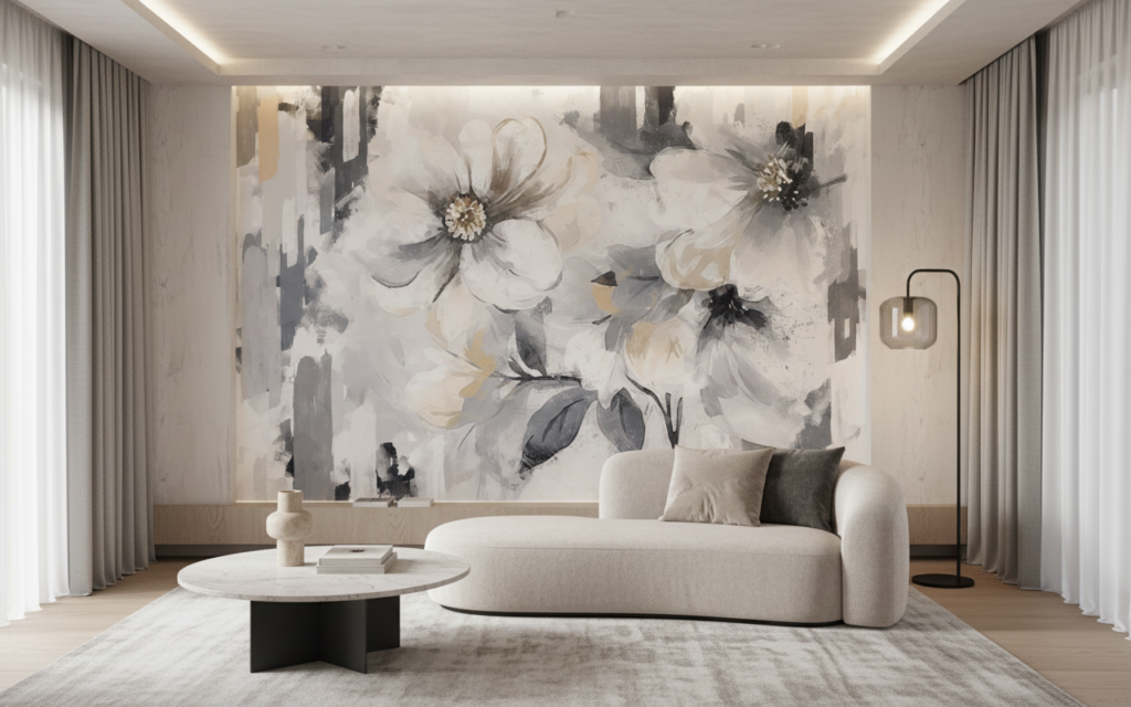 Papier peint floral abstrait blanc gris effet peinture moderne - Salon / Séjour