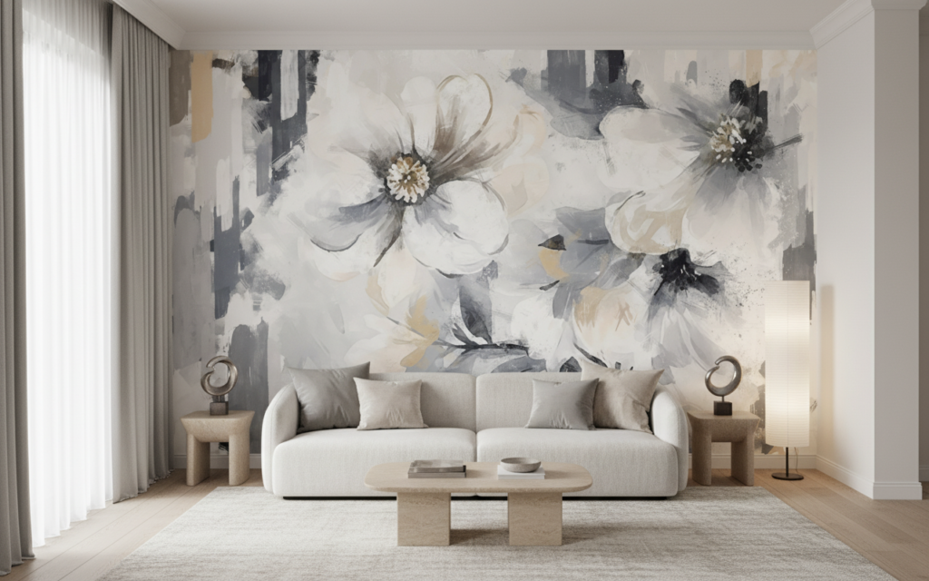 Papier peint floral abstrait blanc gris effet peinture moderne - Salon / Séjour