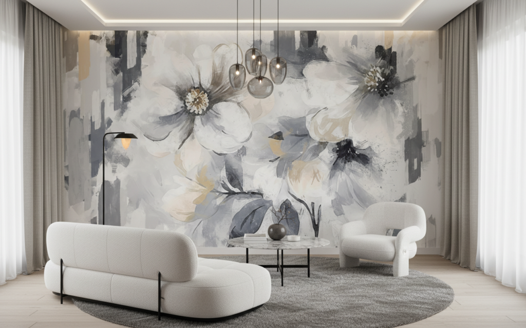 Papier peint floral abstrait blanc gris effet peinture moderne - Salon / Séjour