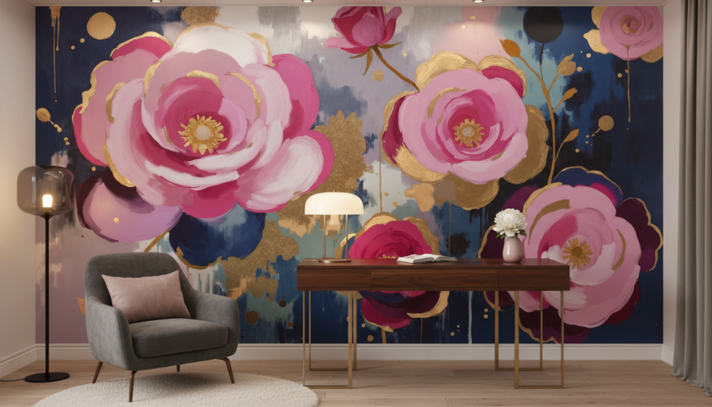Papier peint floral abstrait pivoines roses et dorées sur fond bleu marine - Bureau