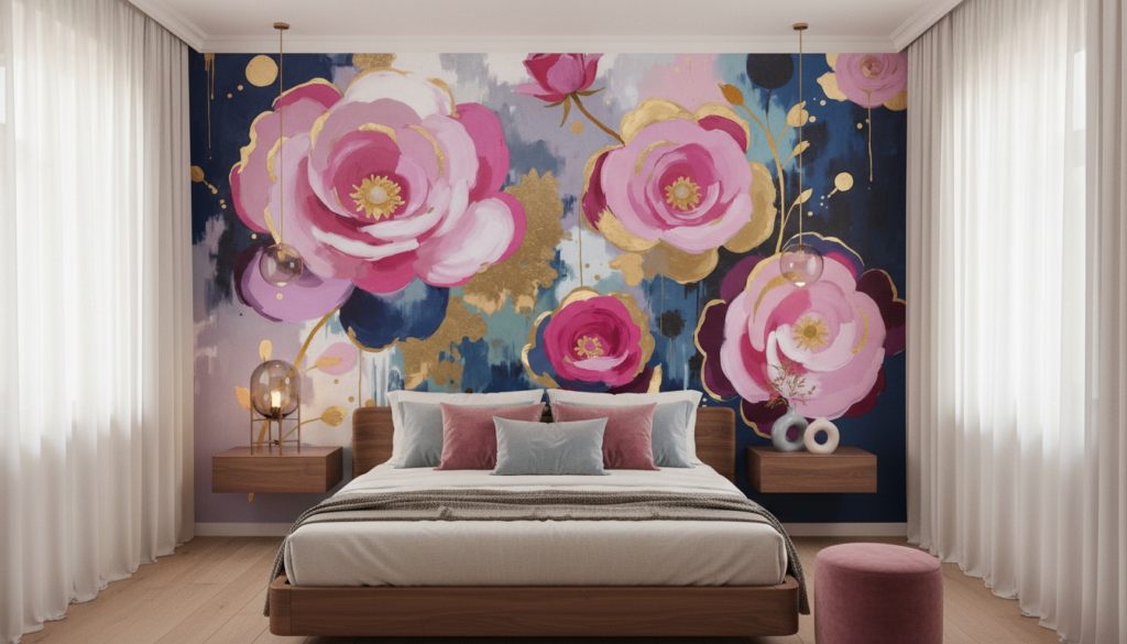 Papier peint floral abstrait pivoines roses et dorées sur fond bleu marine - Chambre adulte