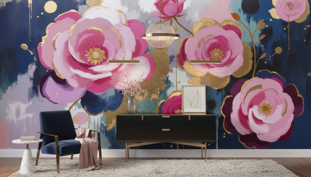 Papier peint floral abstrait pivoines roses et dorées sur fond bleu marine - Entrée