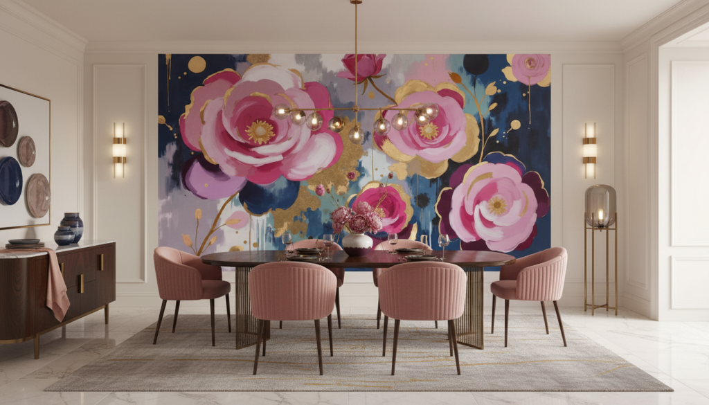 Papier peint floral abstrait pivoines roses et dorées sur fond bleu marine - Salle à manger