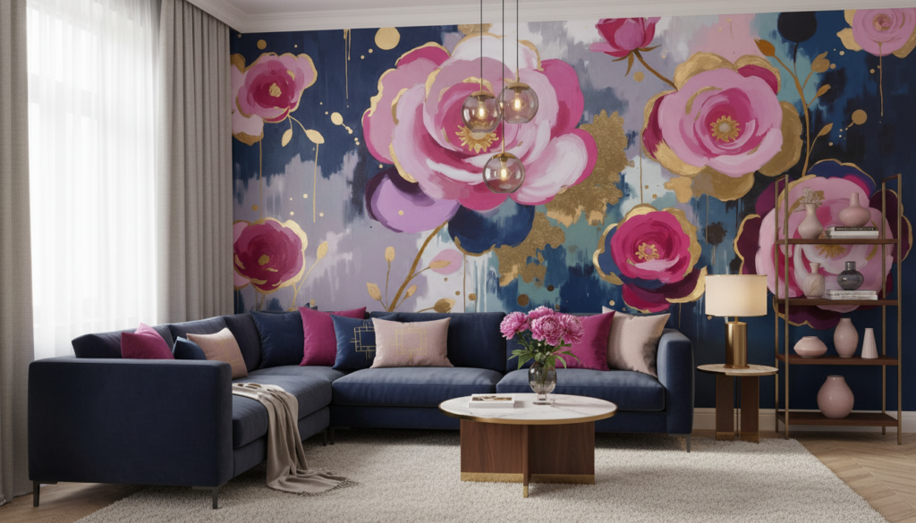 Papier peint floral abstrait pivoines roses et dorées sur fond bleu marine - Salon / Séjour