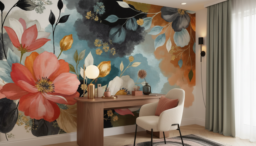 Papier Peint Floral Aquarelle aux Nuances Bleues et Corail Romantiques - Bureau