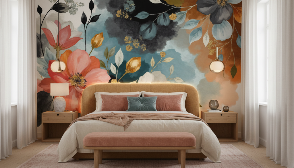 Papier Peint Floral Aquarelle aux Nuances Bleues et Corail Romantiques - Chambre adulte