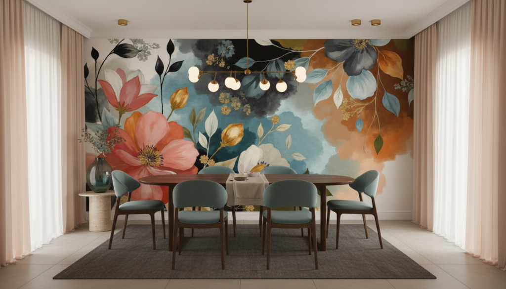 Papier Peint Floral Aquarelle aux Nuances Bleues et Corail Romantiques - Salle à manger