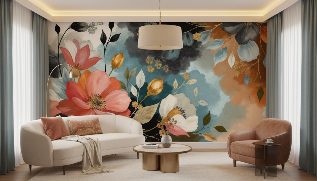 Papier Peint Floral Aquarelle aux Nuances Bleues et Corail Romantiques - Salon / Séjour