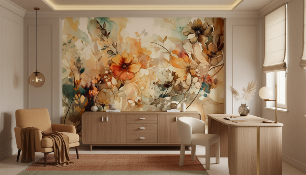 Papier Peint Floral Aquarelle aux Nuances Oranges et Dorées - Bureau