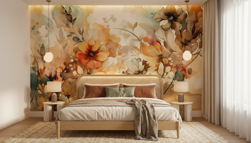 Papier Peint Floral Aquarelle aux Nuances Oranges et Dorées - Chambre adulte