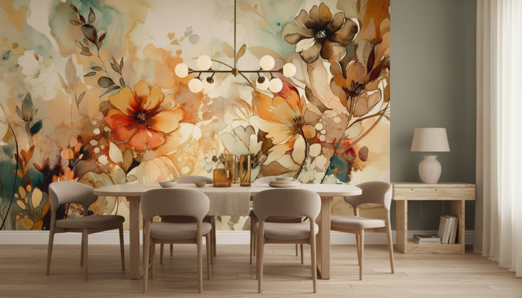 Papier Peint Floral Aquarelle aux Nuances Oranges et Dorées - Salle à manger