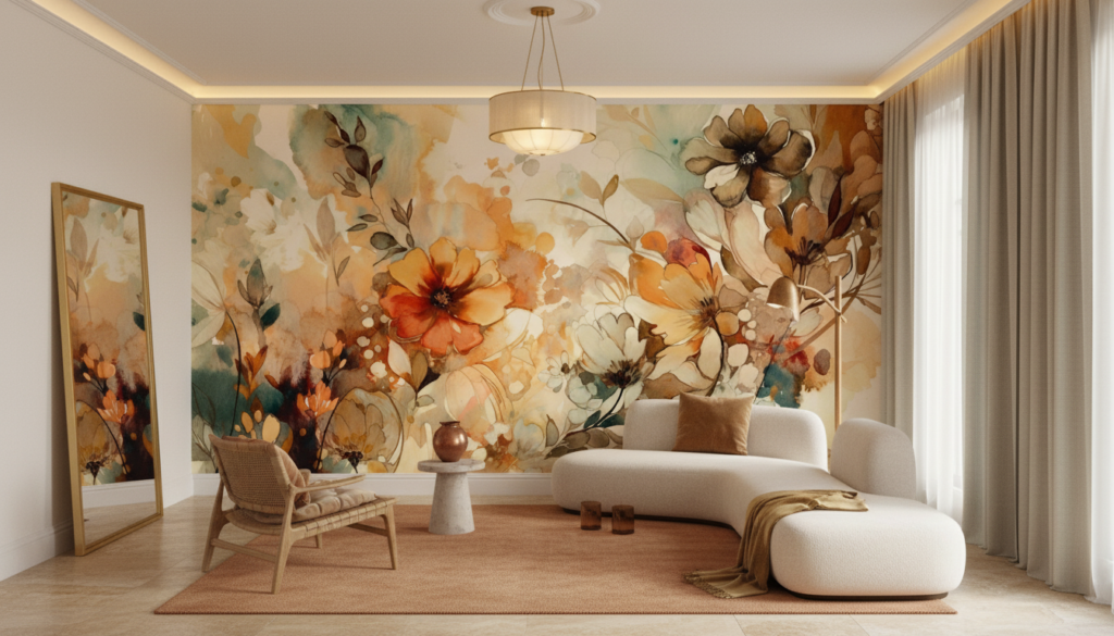 Papier Peint Floral Aquarelle aux Nuances Oranges et Dorées - Salon / Séjour