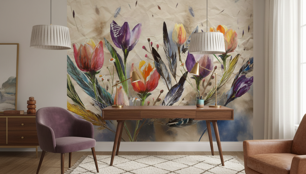 Papier Peint Floral Aquarelle aux Tulipes et Plumes Colorées - Bureau