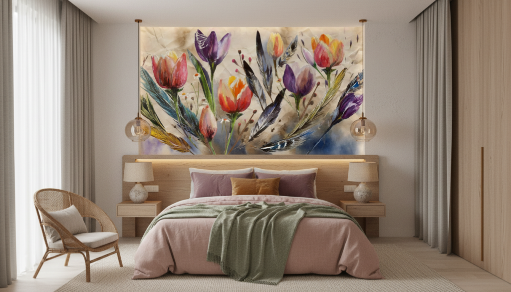 Papier Peint Floral Aquarelle aux Tulipes et Plumes Colorées - Chambre adulte