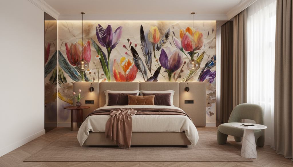 Papier Peint Floral Aquarelle aux Tulipes et Plumes Colorées - Hôtel