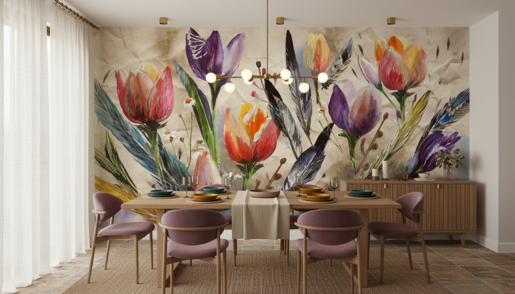 Papier Peint Floral Aquarelle aux Tulipes et Plumes Colorées - Salle à manger