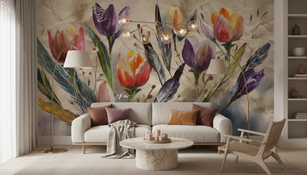 Papier Peint Floral Aquarelle aux Tulipes et Plumes Colorées - Salon / Séjour