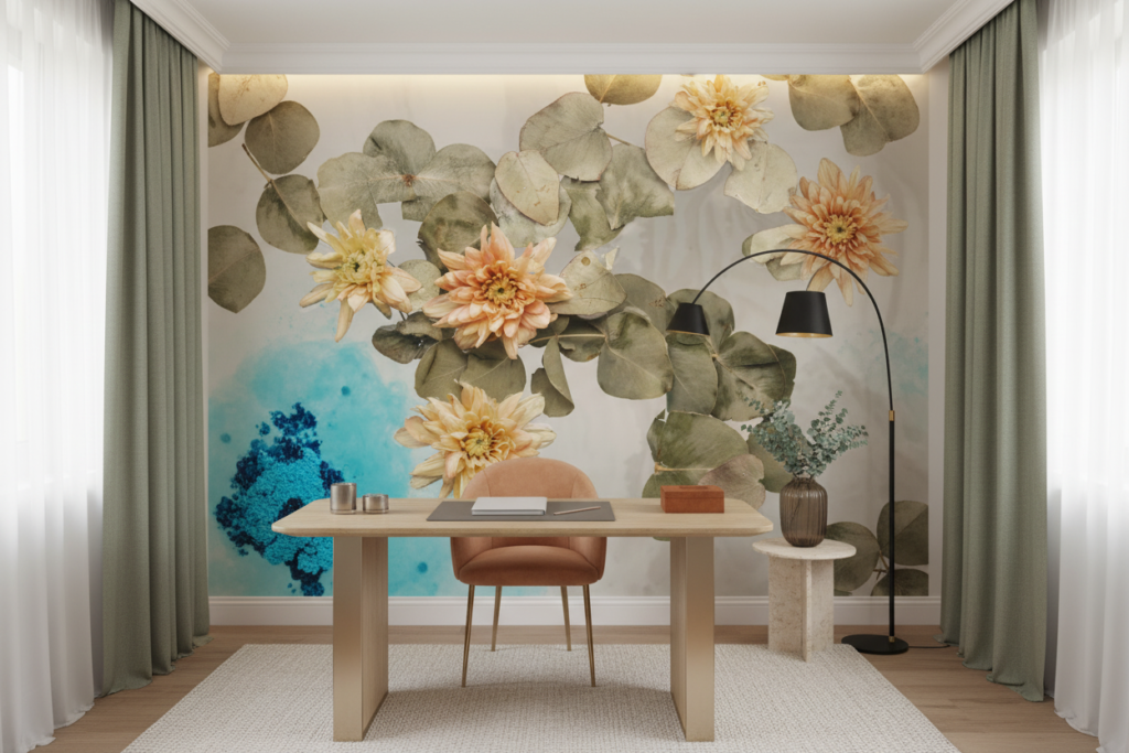 Papier peint floral aquarelle avec dahlias et eucalyptus vintage - Bureau