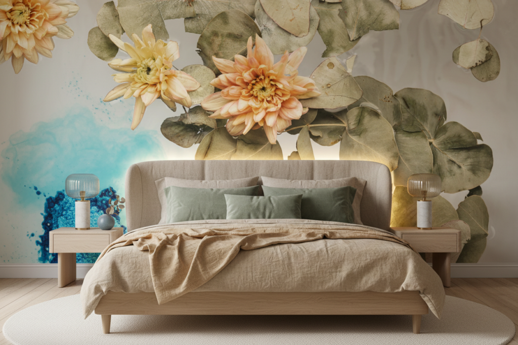 Papier peint floral aquarelle avec dahlias et eucalyptus vintage - Chambre adulte