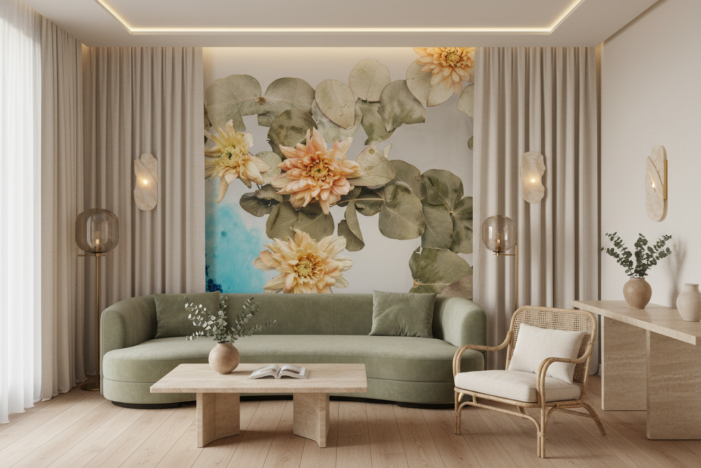 Papier peint floral aquarelle avec dahlias et eucalyptus vintage - Hôtel