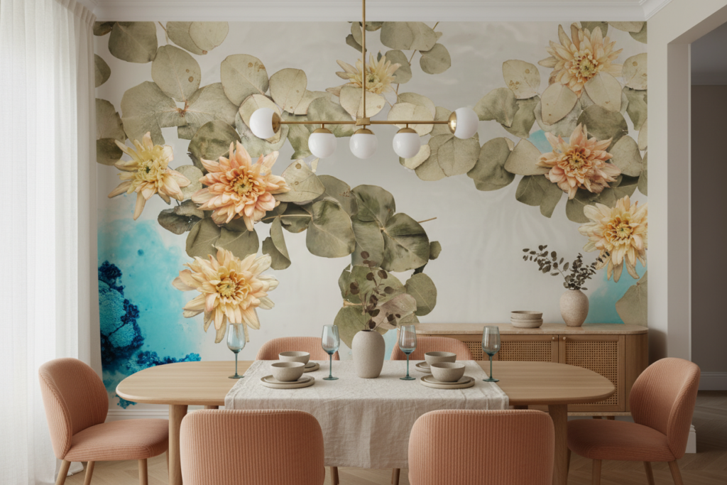 Papier peint floral aquarelle avec dahlias et eucalyptus vintage - Salle à manger