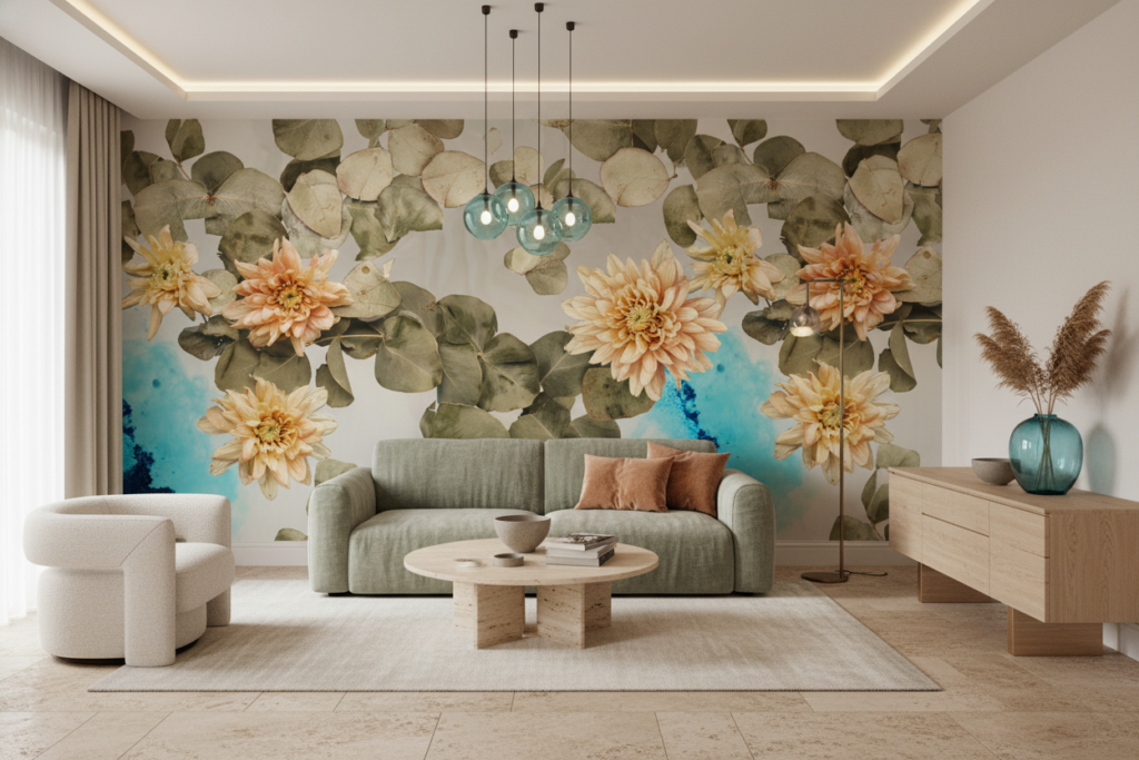 Papier peint floral aquarelle avec dahlias et eucalyptus vintage - Salon / Séjour