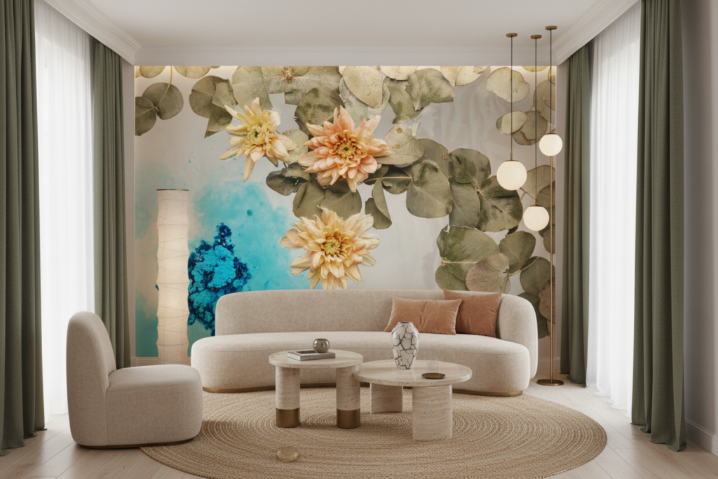 Papier peint floral aquarelle avec dahlias et eucalyptus vintage - Salon / Séjour